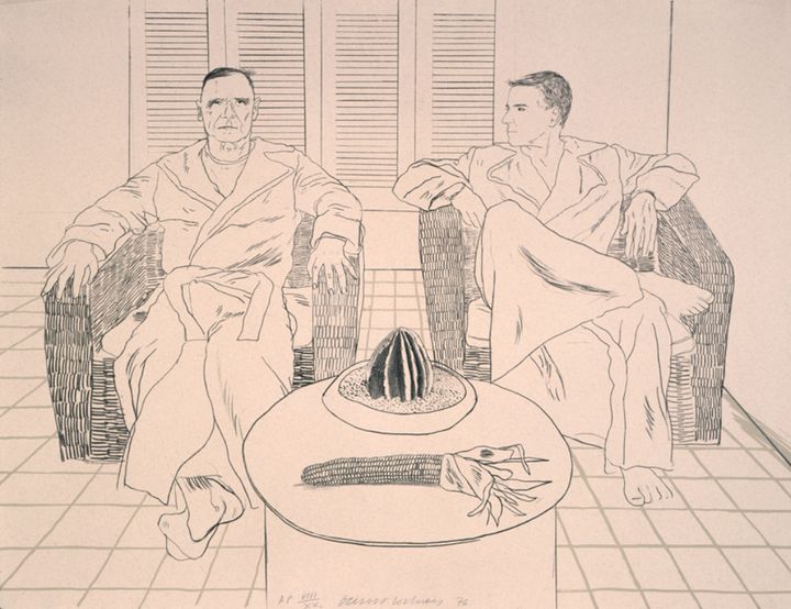 David Hockney's Drawing: Christopher Isherwood and Don Bachardy from 1976. Black and white pencil or pen drawing on a beige paper. The drawing is of two male coded people in squareish wicker chairs. They're wearing robes. The person on the right is looking left at the person on the right, who is looking at us. In front of them there's a small round/columnar table with what looks like a small cactus and a dry ear of corn.
