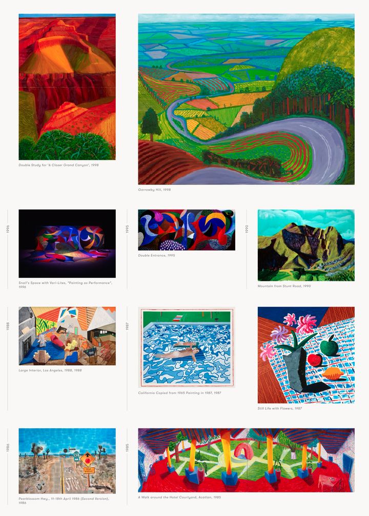 Screenshot from the collection page on the David Hockney Foundation. The screenshot is a grid of paintings that are vastly different sizes/ratios, with some rows having space for three images and some for two at different sizes.