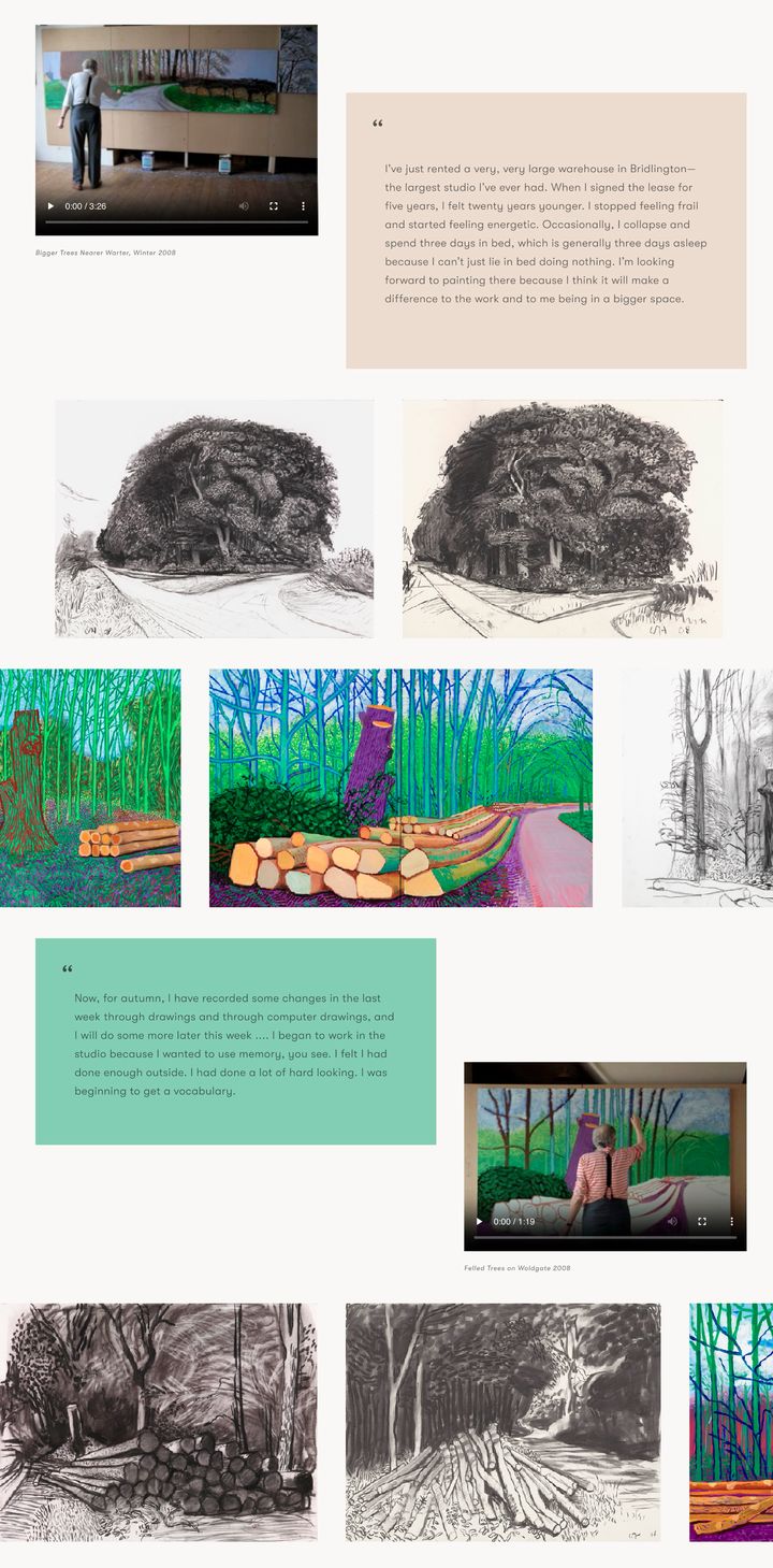 Screenshot of a webpage layout from David Hockney's Chronology from 2008. The layout has quotes inside blocks of color, videos, and images all placed artistically off alignment from eachother to guide the user's eye and give space to each element