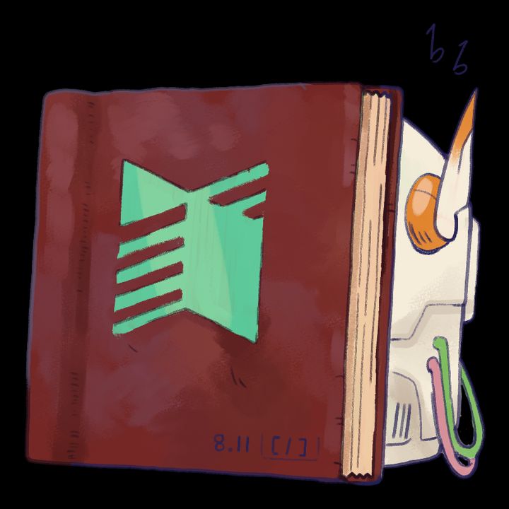 Illustration of a leather-bound looking book with the Manifold logo embossed in light green. Behind the book is the back of an old-style computer monitor, but drawn like a retro robot with an antenna and a couple of wires coming out. It appears that the book is being "powered" b the computer